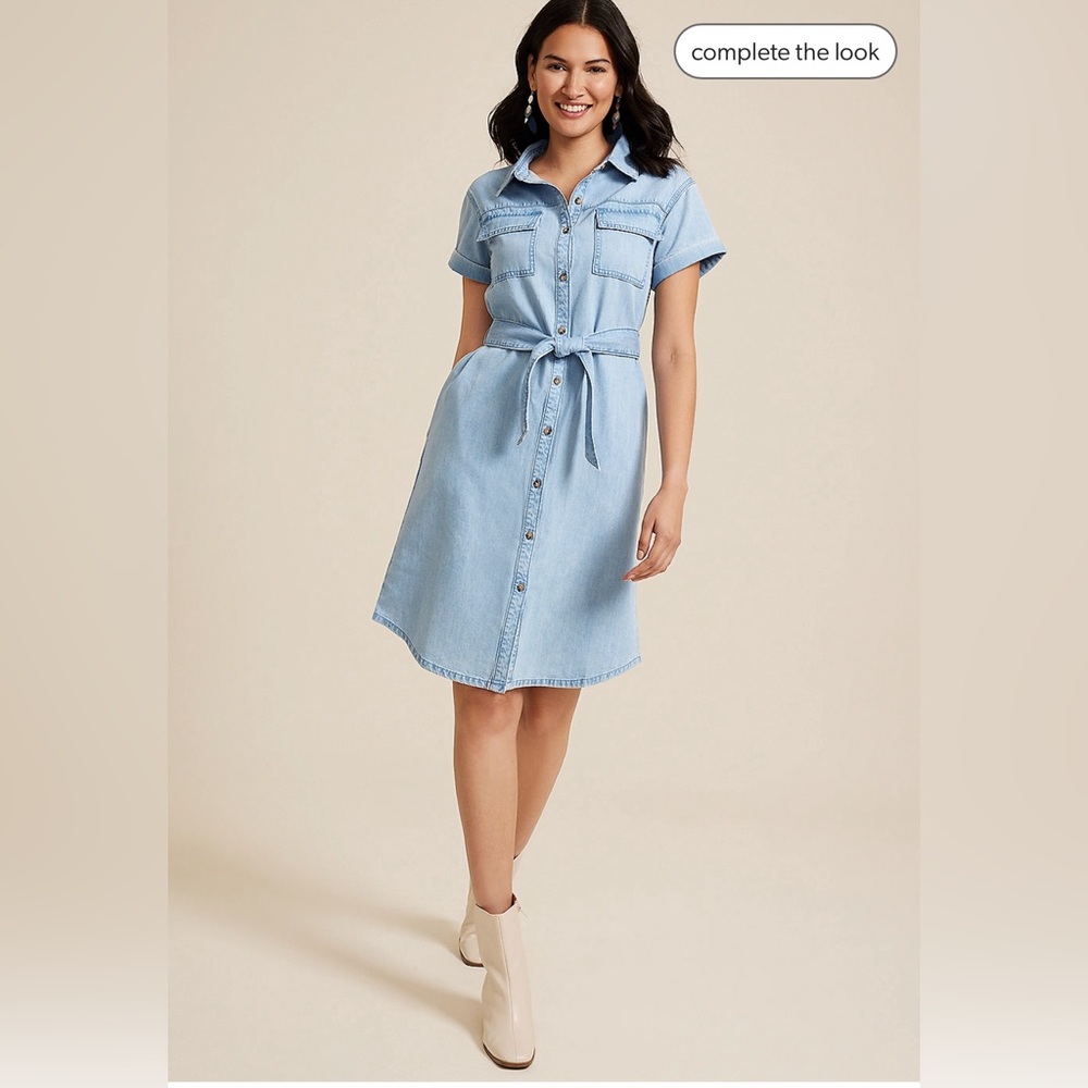Denim Tie Waist Mini Shirt Dress